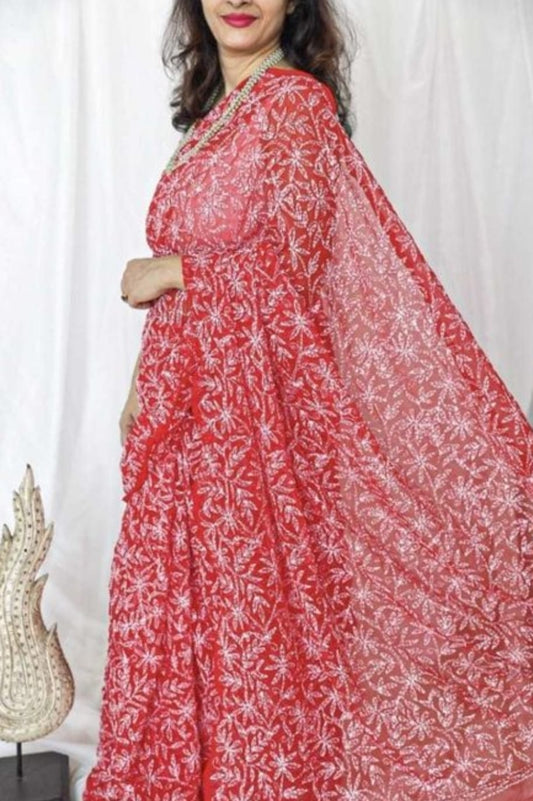Awadhmart Women's Lucknow Chikankari Tepchi Jaal Allover Hand Embroidery Work (Georgette Saree)