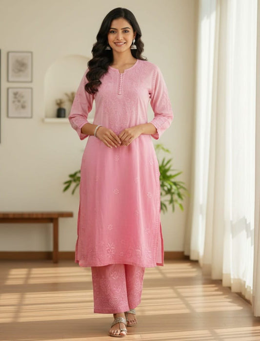 Awadhmart Lucknowi Chikankari Reyon Pink kurti plazo set