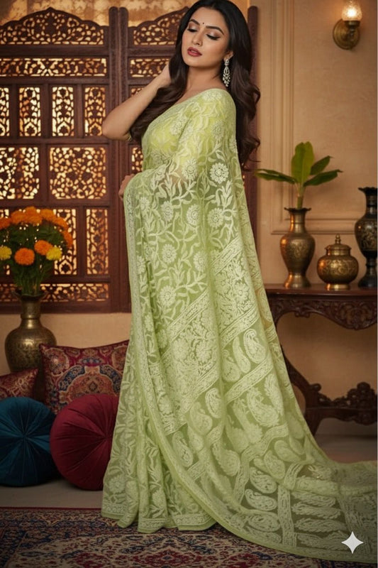 Awadhmart Lucknowi Chikankari hand embroidered full Jaal work Georgette Saree