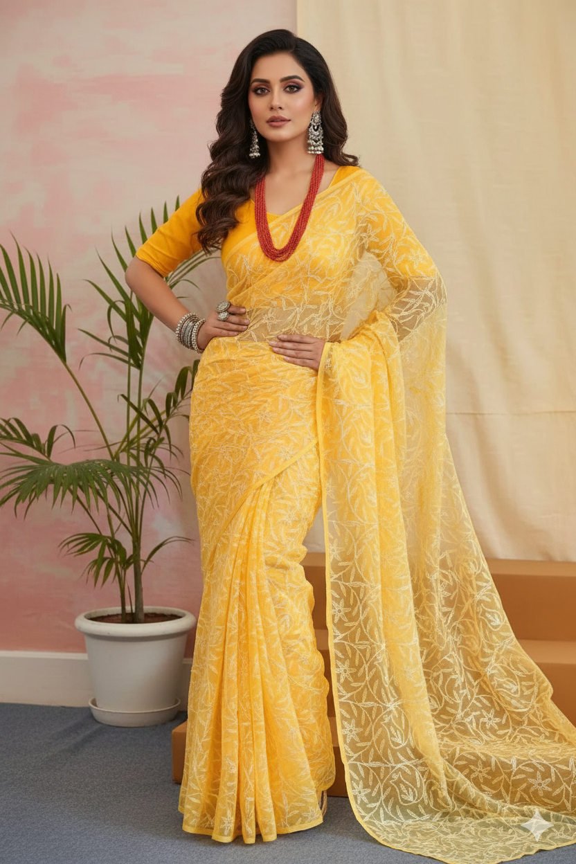 Woman in a yellow saree with red blouse standing indoors against a pink wall.