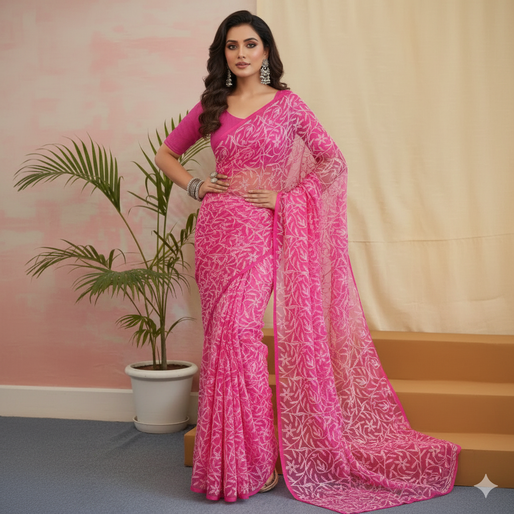 Woman in a pink saree with a plant and beige curtain in the background