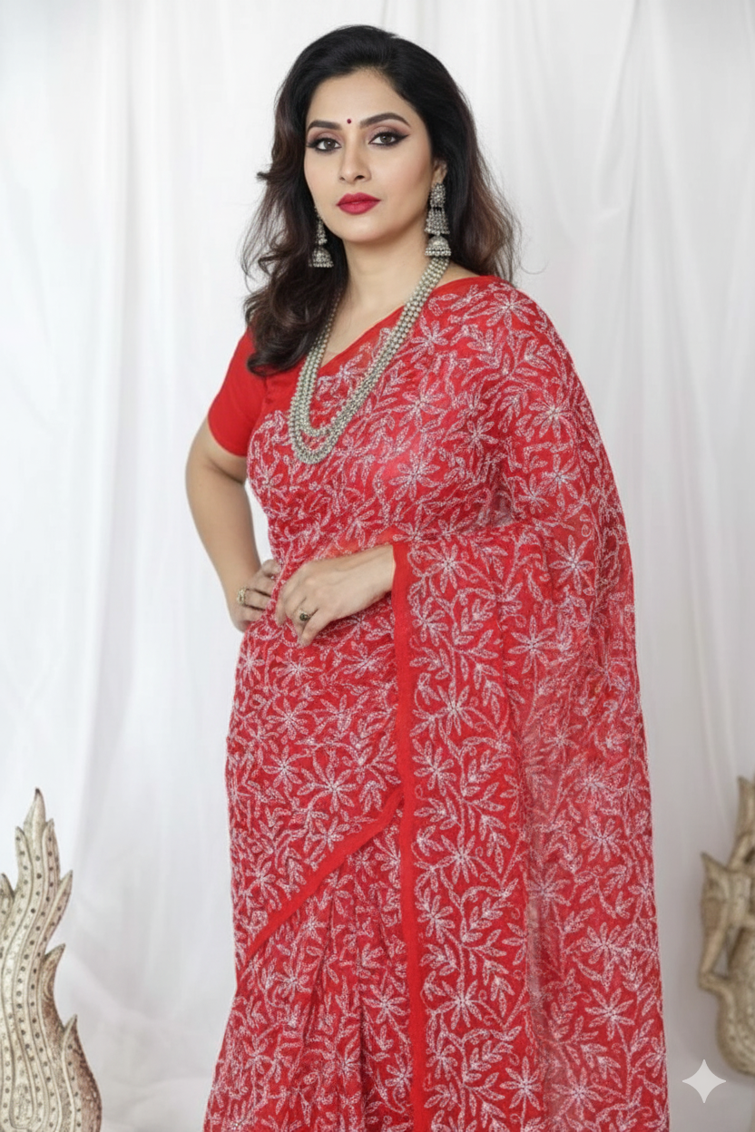 Woman wearing a red and white saree with a white background